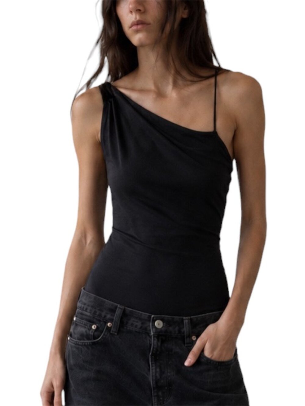 M Lelis Black One Shoulder Asymmetrical Bodysuit